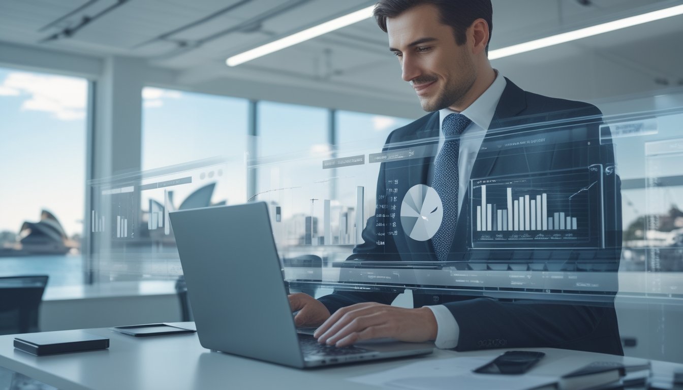 Seorang profesional bekerja dengan laptop di kantor modern dengan pemandangan kota Sydney di latar belakang.
