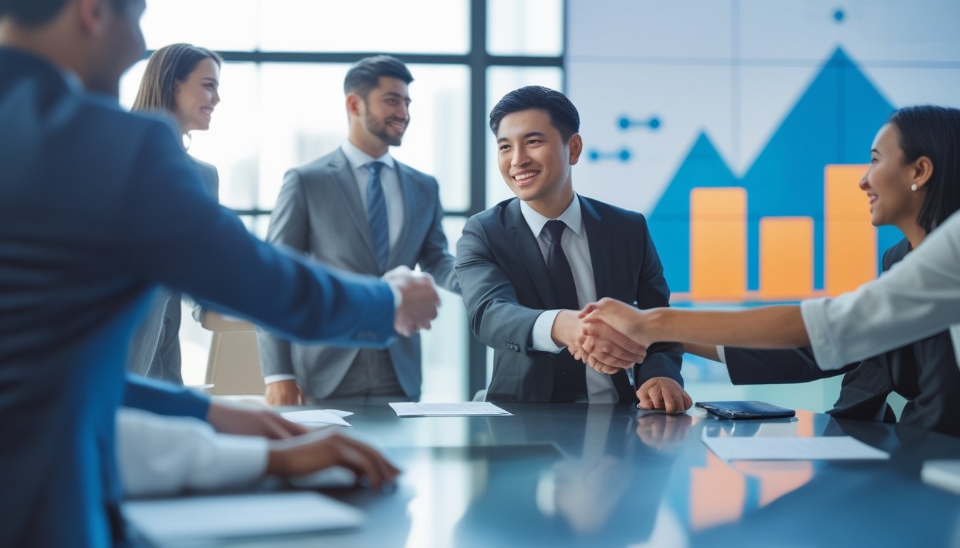 Seorang pria muda dan percaya diri berjabat tangan dengan rekan kerja di ruang kantor modern yang cerah dan profesional.