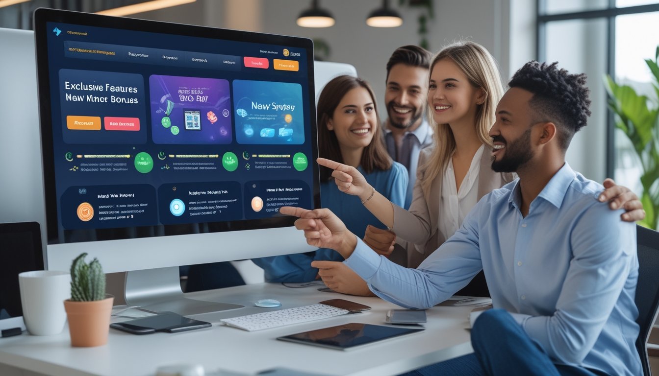 Sekelompok profesional muda berdiskusi di depan layar komputer yang menampilkan antarmuka platform taruhan dengan grafik promosi fitur eksklusif dan bonus anggota baru.