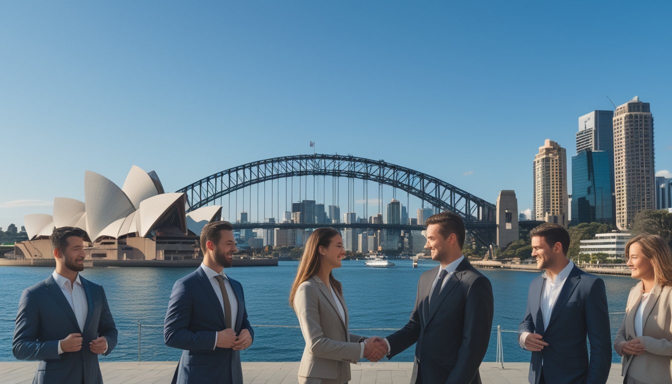 Pemandangan kota Sydney dengan gedung ikonik dan orang-orang bisnis yang sedang berjabat tangan di luar ruangan.