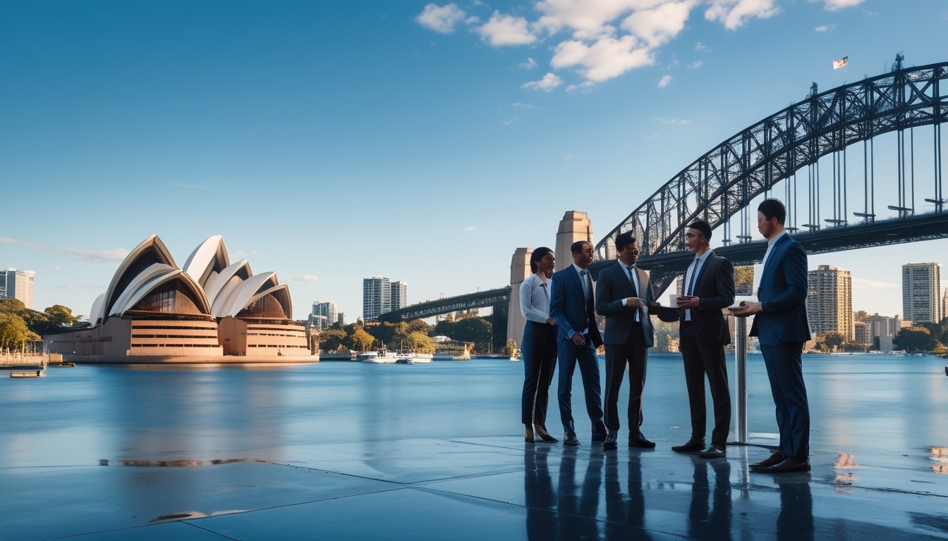 Pemandangan kota Sydney dengan gedung-gedung modern, jembatan, dan orang-orang profesional yang sedang berdiskusi.