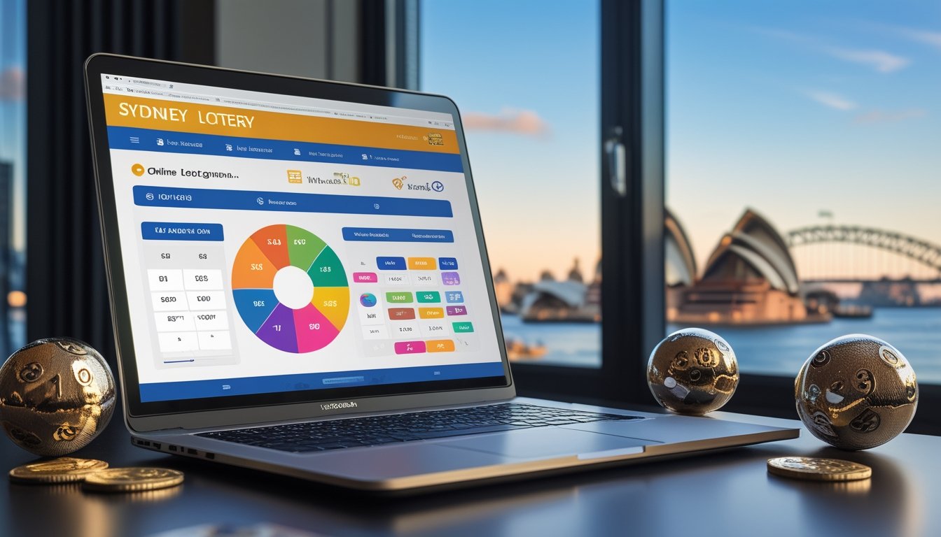 Seorang pria menggunakan laptop dengan latar belakang pemandangan kota Sydney dan bola togel di meja.