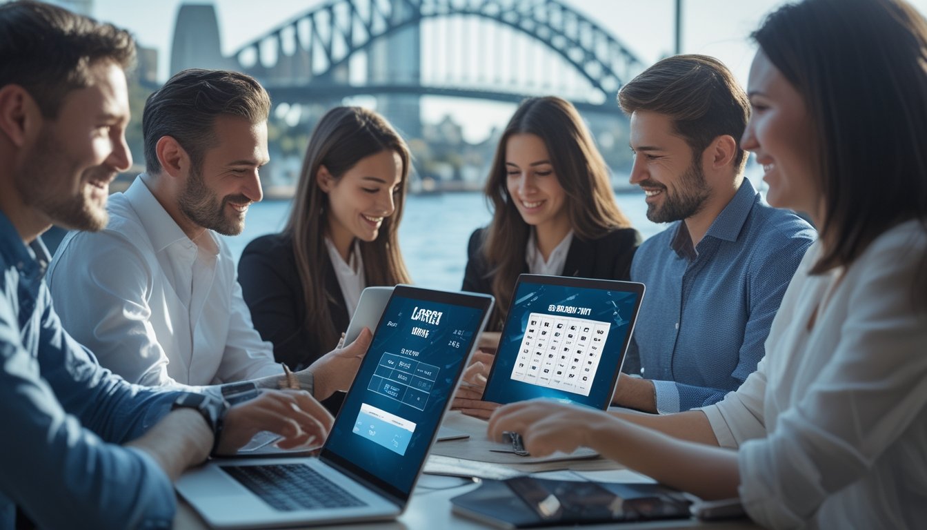 Beberapa orang menggunakan perangkat digital untuk bermain togel Sydney dengan latar belakang kota Sydney yang samar.