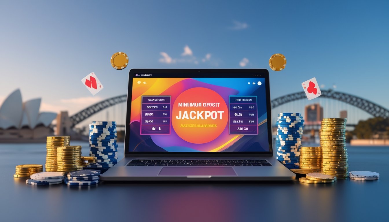 Pemandangan perangkat digital menampilkan platform taruhan online dengan simbol chip poker, kartu, dan koin emas, latar belakang kota Sydney dengan Opera House dan Harbour Bridge.