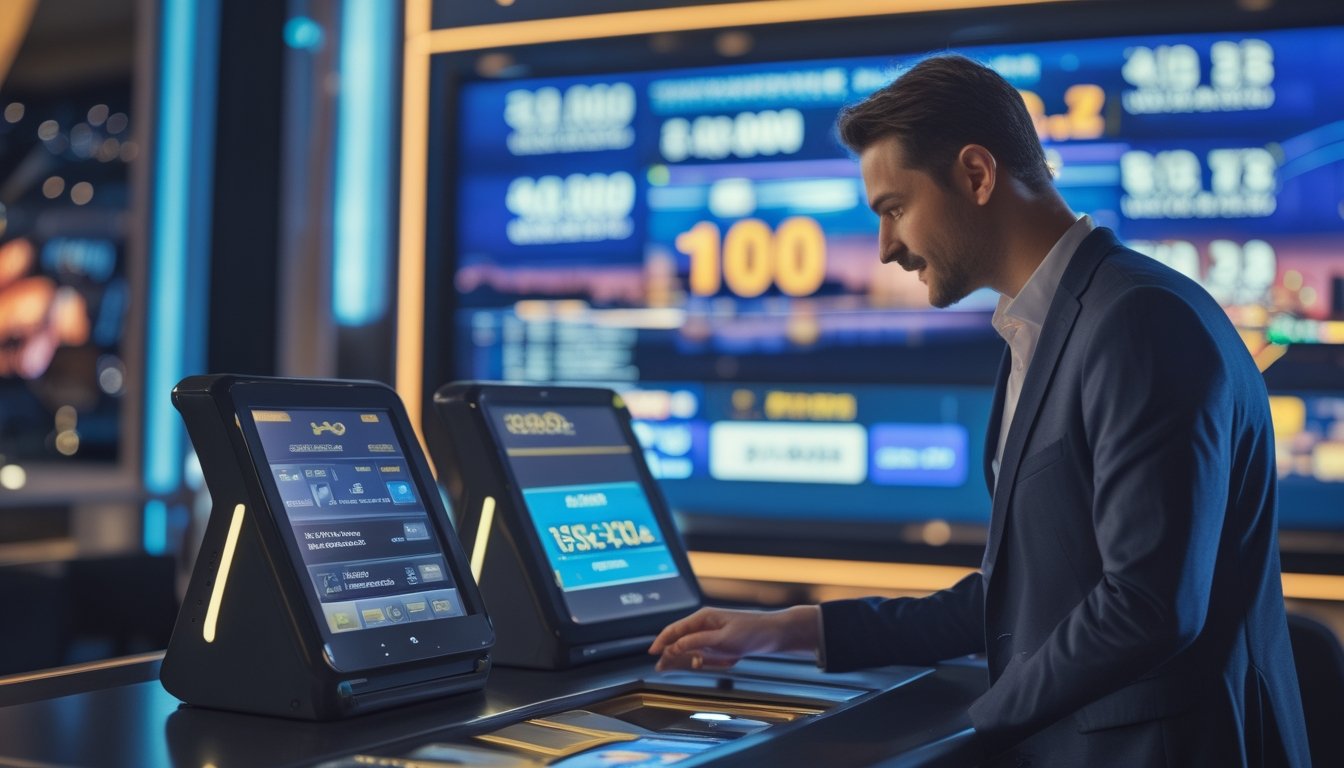 Seorang pria sedang melakukan deposit kecil di perangkat digital di dalam kasino dengan latar belakang tampilan jackpot besar dan pemandangan kota Sydney.