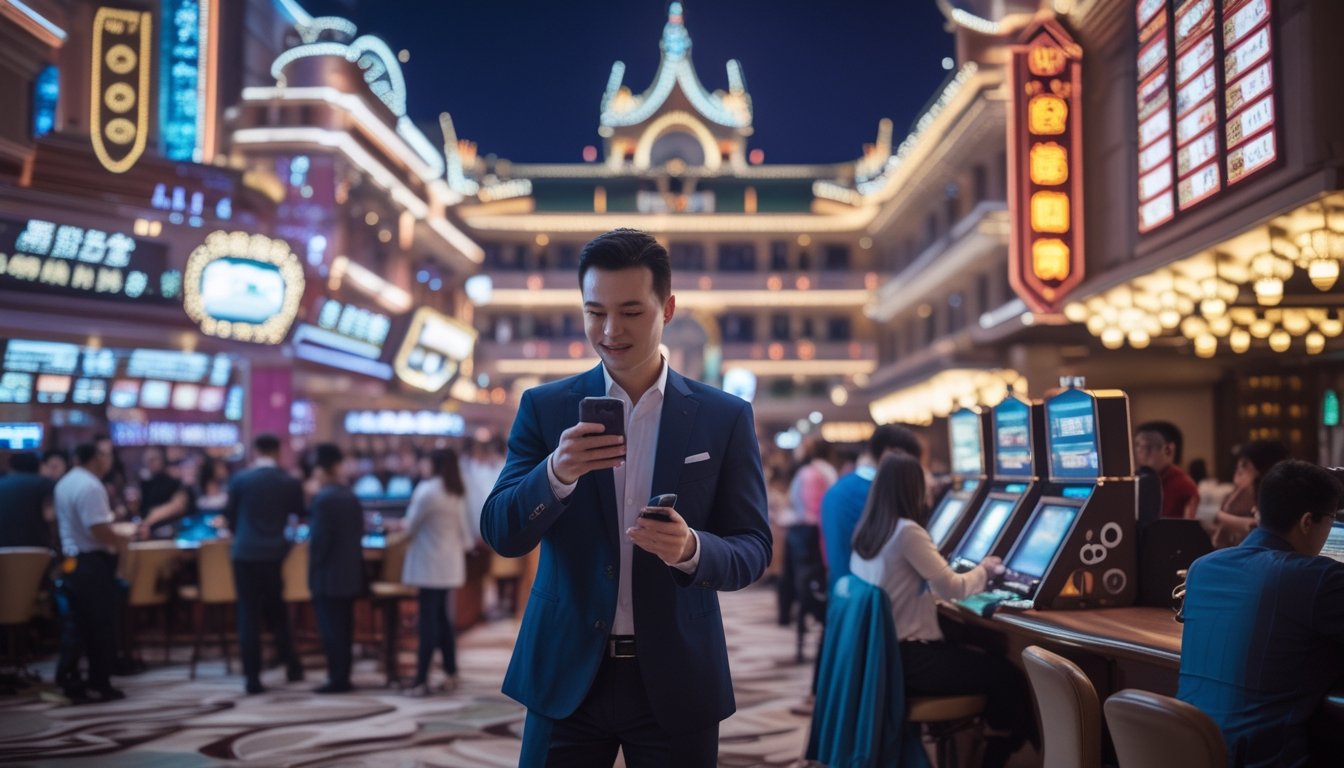 Suasana malam hari di kasino Macau yang ramai dengan orang-orang dan lampu warna-warni, seorang pria berpakaian rapi sedang menggunakan ponsel di depan kasino.