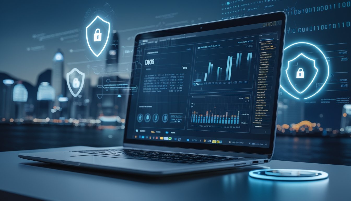 Sebuah ruang kerja modern dengan laptop yang menampilkan simbol keamanan data dan grafik terkait taruhan online, dengan latar belakang siluet kota Macau.