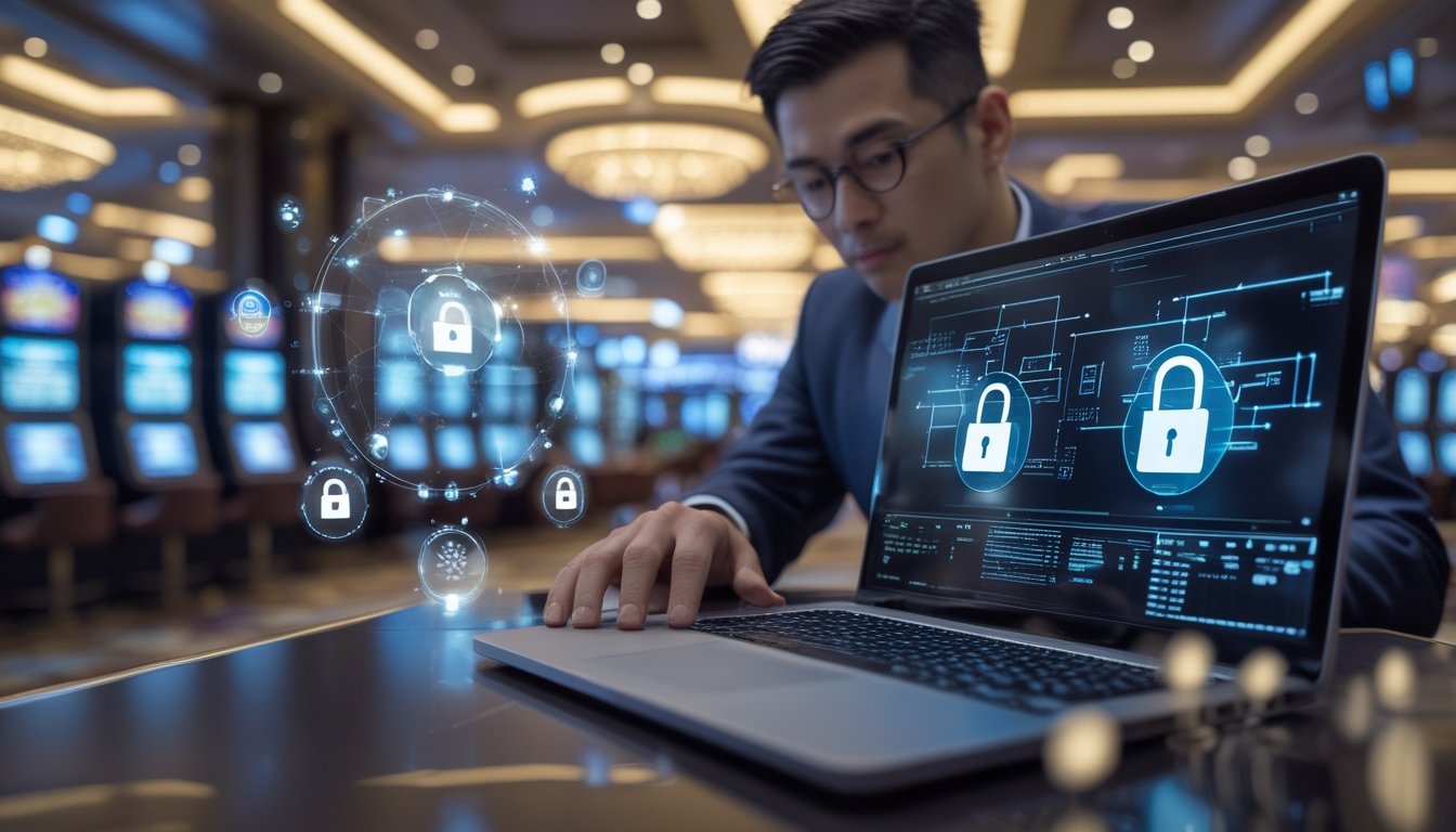 Seorang profesional keamanan data bekerja dengan laptop di kasino modern di Macau, menunjukkan sistem keamanan data yang canggih.