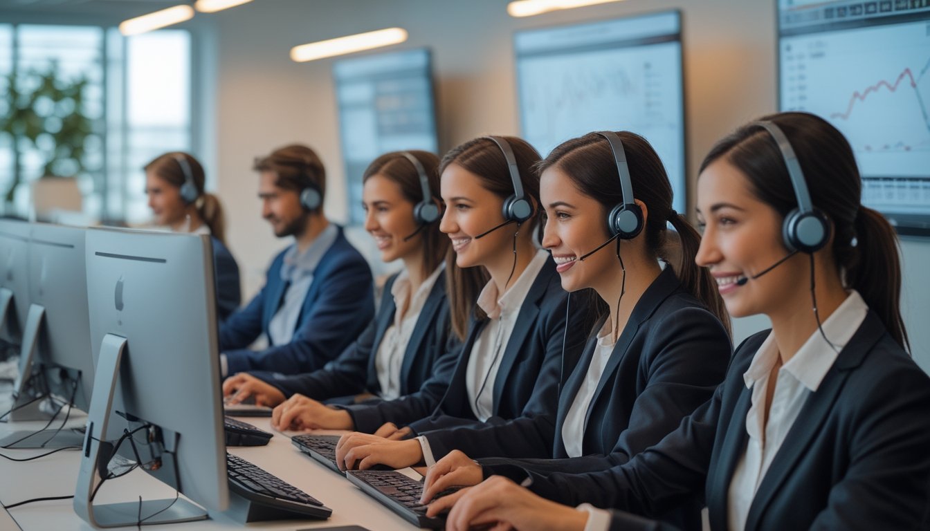 Pusat layanan pelanggan yang sibuk dengan staf yang ramah menggunakan headset di lingkungan kantor modern.