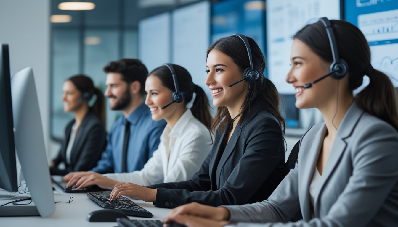 Tim layanan pelanggan yang ramah sedang bekerja di pusat layanan dengan komputer dan headset di kantor modern.