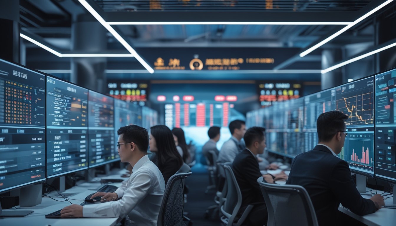 Sejumlah profesional sedang menganalisis data taruhan online di ruang kerja modern dengan layar komputer besar dan latar belakang yang menampilkan pemandangan kota Macau.