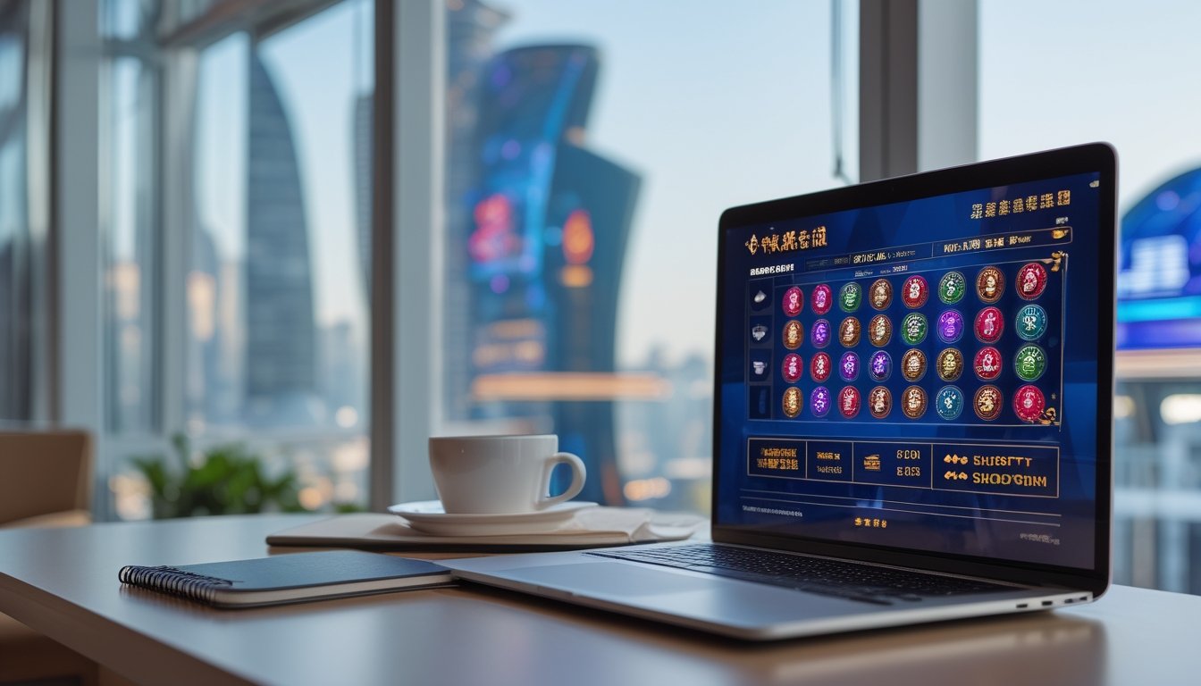 Seorang pengguna menggunakan laptop dengan tampilan antarmuka kasino digital, latar belakang menampilkan landmark terkenal Macau seperti Grand Lisboa dan Macau Tower.