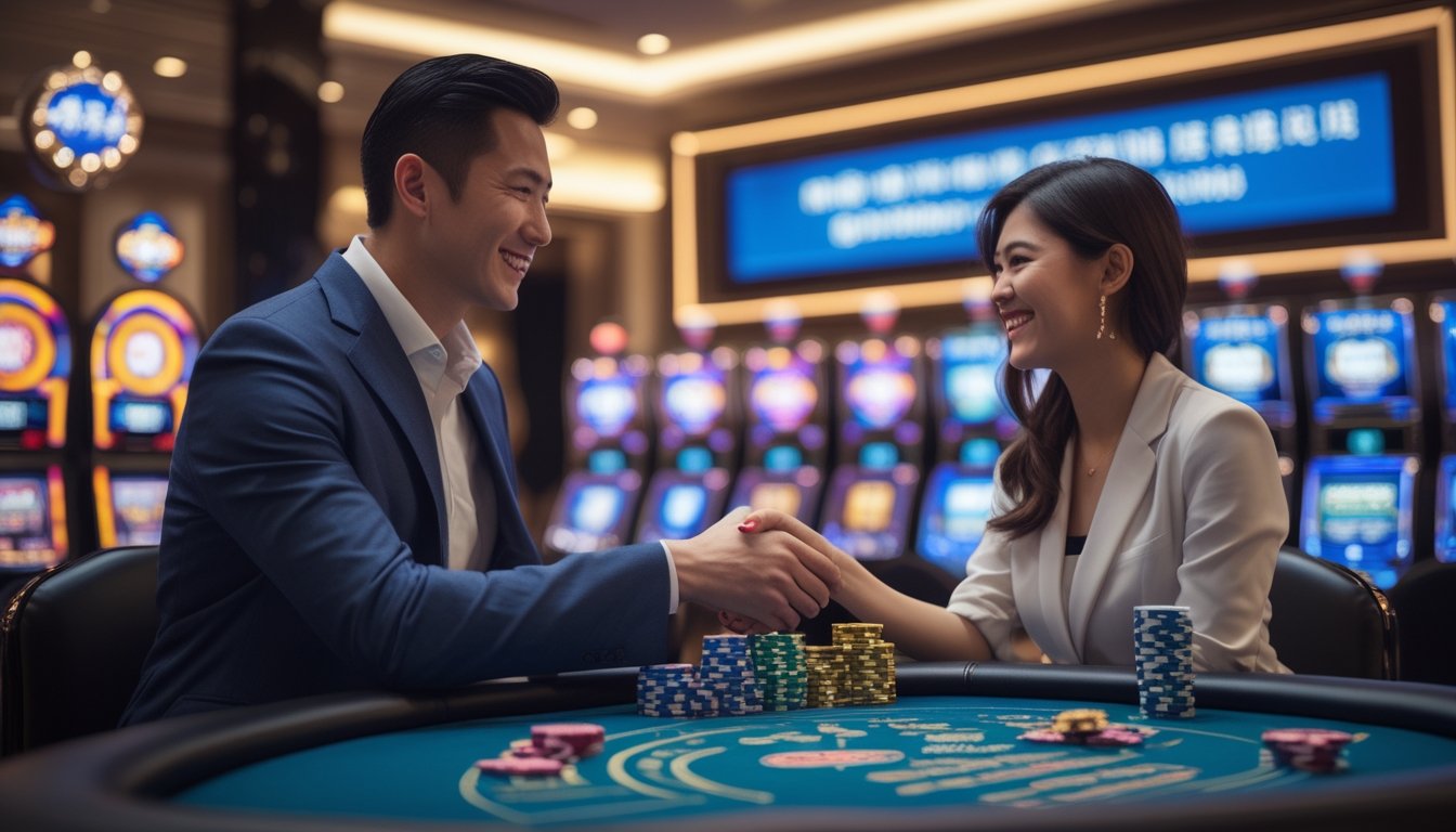 Seorang pria dan wanita Asia yang berpakaian rapi berjabat tangan di meja permainan kasino yang modern dengan mesin slot dan lampu berwarna-warni di latar belakang.