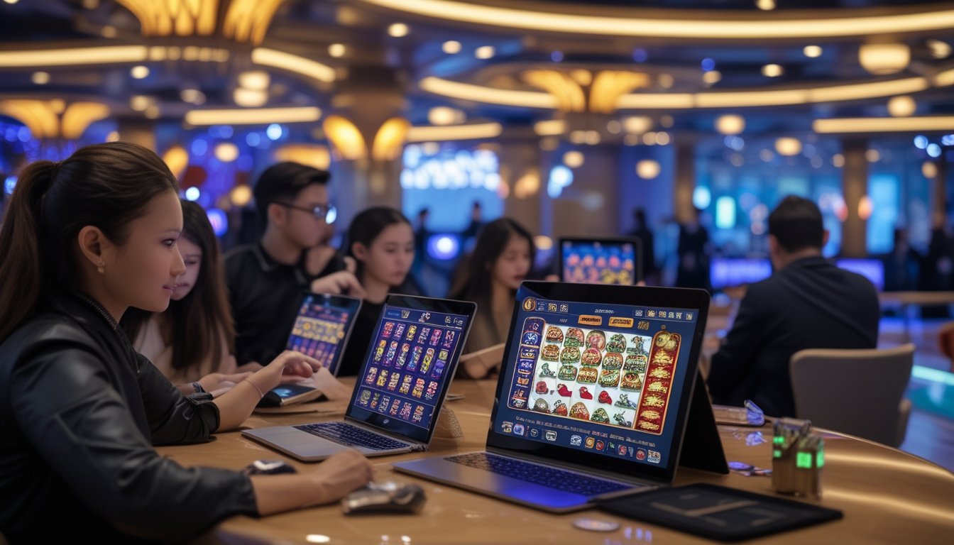Orang-orang sedang bermain permainan kasino online dengan nyaman menggunakan perangkat digital di lingkungan yang mewah dan modern.