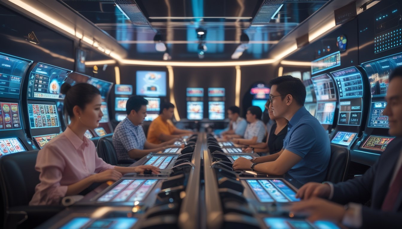 Orang-orang sedang bermain permainan kasino online dengan komputer dan layar modern di lingkungan yang nyaman dan canggih.