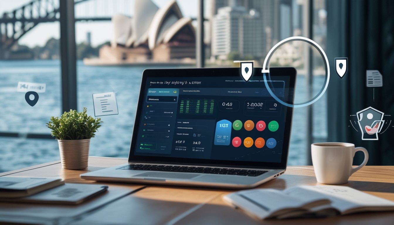 Meja kerja modern dengan laptop yang menampilkan antarmuka lotere digital dan latar belakang kota Sydney yang samar.