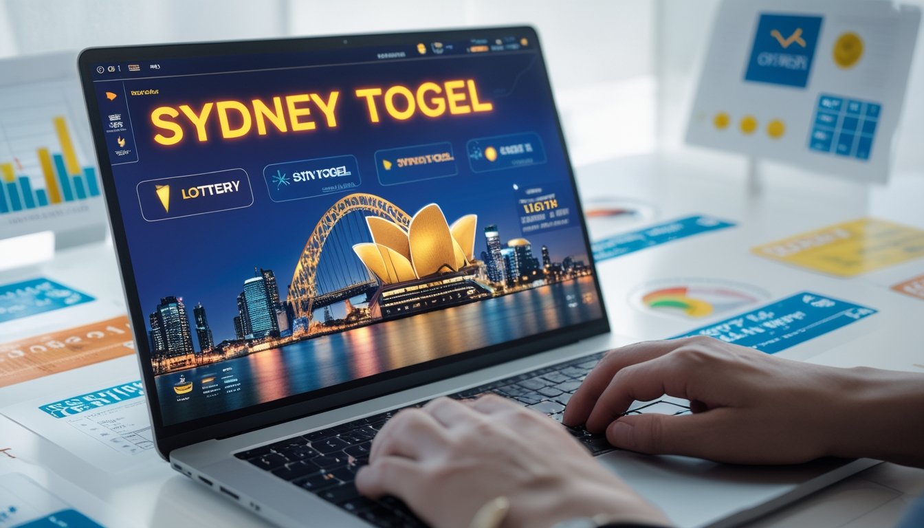 Sebuah laptop di meja kerja menampilkan pemandangan kota Sydney dengan grafik dan tiket lotere di sekitarnya, menunjukkan popularitas dan pengakuan resmi Togel Sydney.