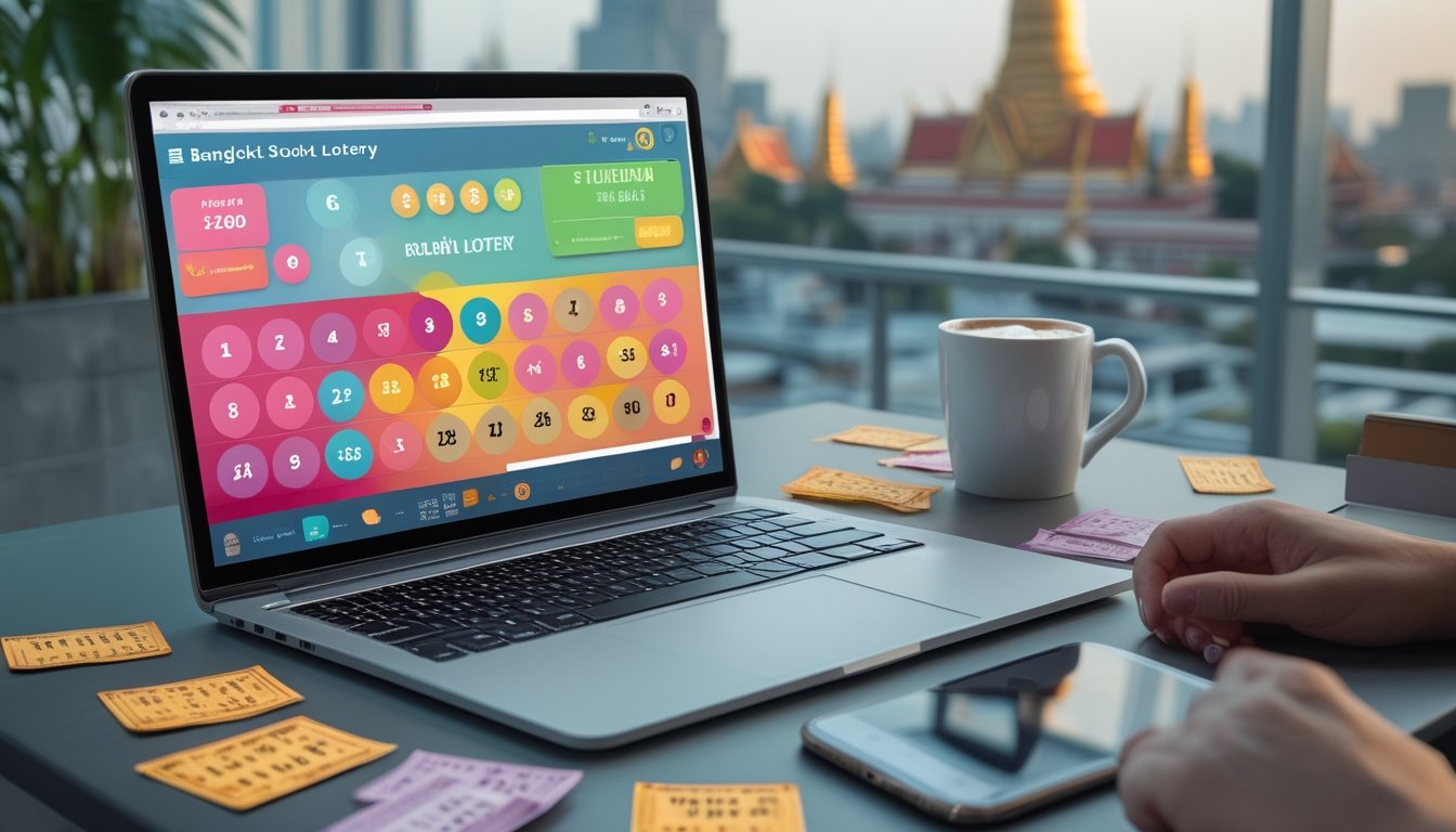 Seorang pria duduk di depan laptop dengan layar menampilkan antarmuka togel, dikelilingi tiket togel dan ponsel, dengan latar belakang pemandangan kota Bangkok yang samar.