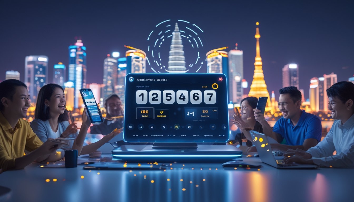 Orang-orang menggunakan perangkat digital untuk bermain togel online dengan latar belakang kota Bangkok di malam hari.