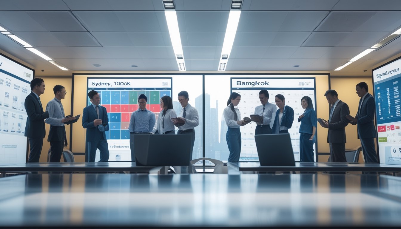 Sekelompok profesional sedang menganalisis data hasil lotere dengan layar digital yang menampilkan grafik dan angka di kantor modern.