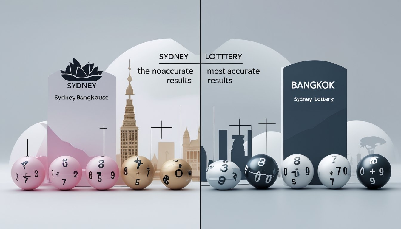 Dua bagian gambar yang menunjukkan perbedaan sistem dan aturan permainan lotere Sydney dan Bangkok dengan simbol bangunan ikonik dan bola lotere.