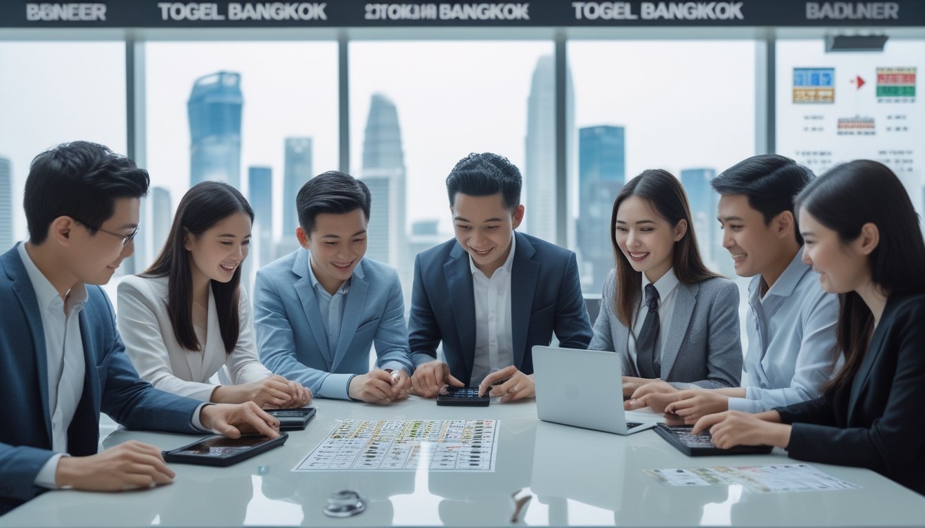 Beberapa orang bermain permainan Togel Bangkok di meja dengan perangkat digital dan tiket lotre, di latar belakang terlihat pemandangan kota Bangkok.