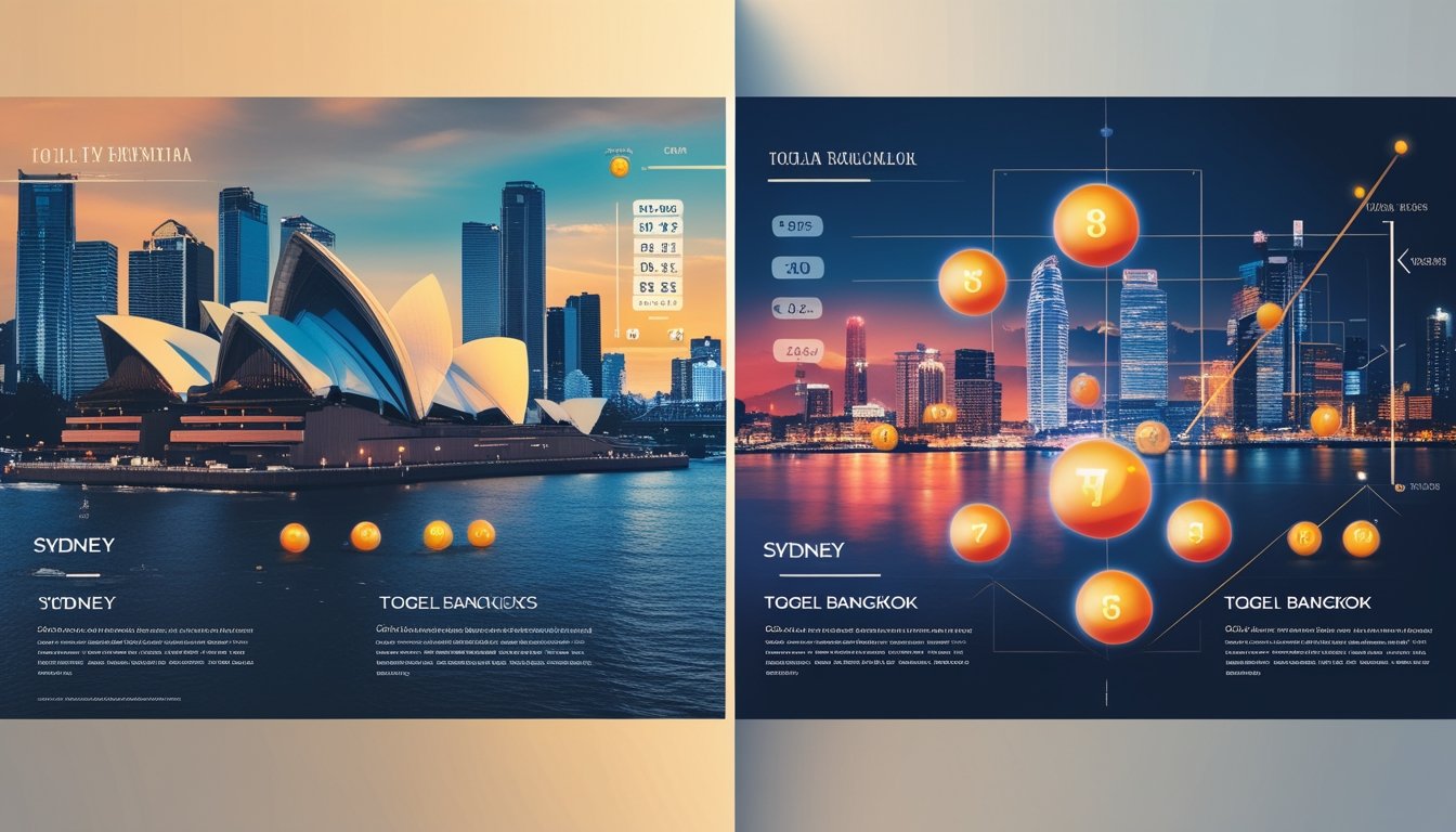 Gambar yang menunjukkan perbandingan antara permainan togel Sydney dan togel Bangkok dengan latar belakang landmark kota Sydney dan Bangkok serta elemen angka dan bola togel.