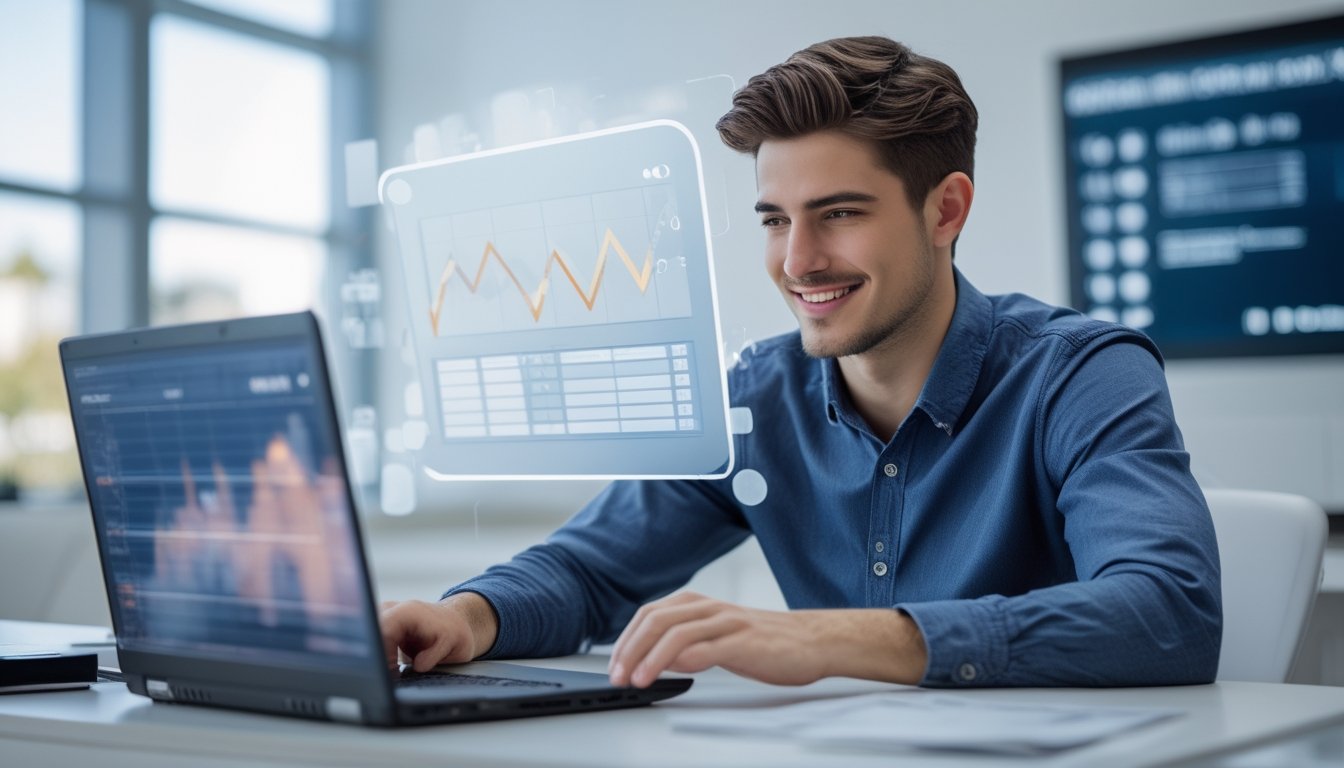 Seorang pria muda duduk di meja dengan laptop, terlihat fokus dan percaya diri di kantor modern yang terang.