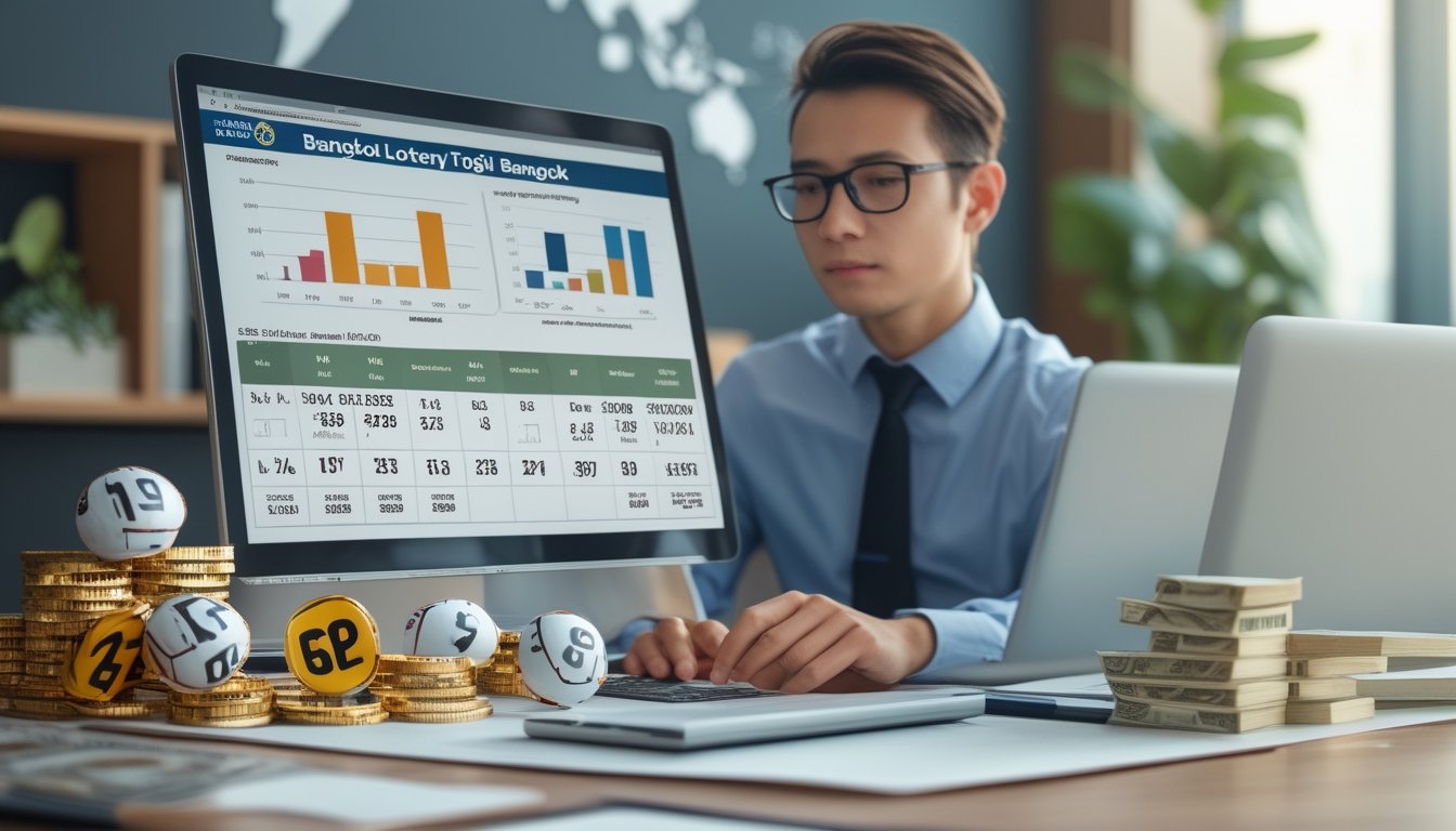 Seorang profesional sedang menganalisis data lotere di kantor dengan bola lotere dan tumpukan uang di sekitarnya serta peta Bangkok di latar belakang.