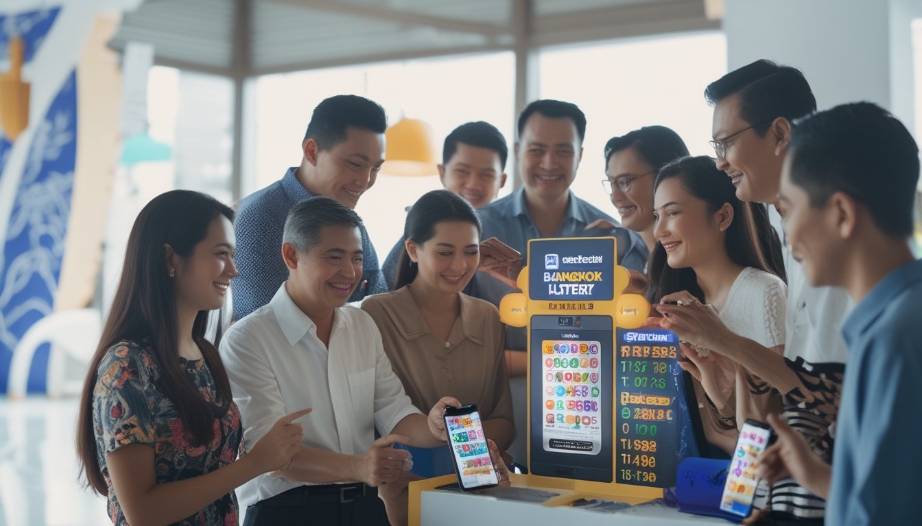 Sekelompok orang Indonesia sedang berkumpul dan berdiskusi di sekitar terminal lotere digital dengan tampilan angka warna-warni di dalam ruangan modern.