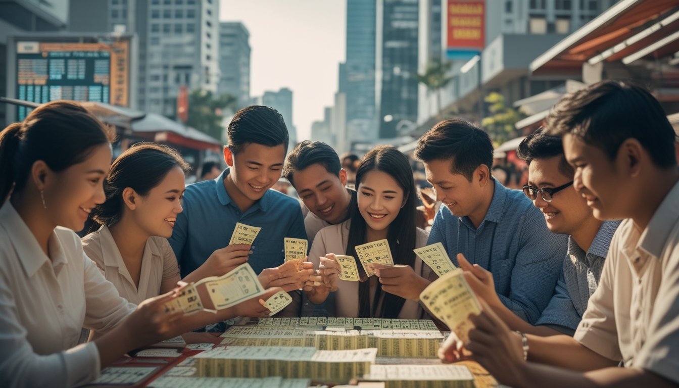 Sekelompok orang Indonesia dari berbagai usia sedang melihat tiket togel dan perangkat digital di lingkungan perkotaan yang mencerminkan gabungan budaya Bangkok dan Indonesia.