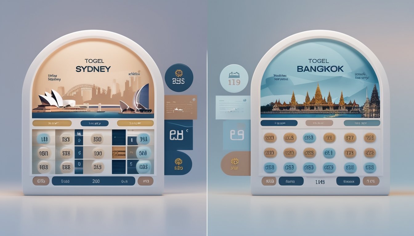 Dua bagian berdampingan yang menampilkan landmark Sydney dan Bangkok dengan elemen bola togel dan grafik peluang menang.