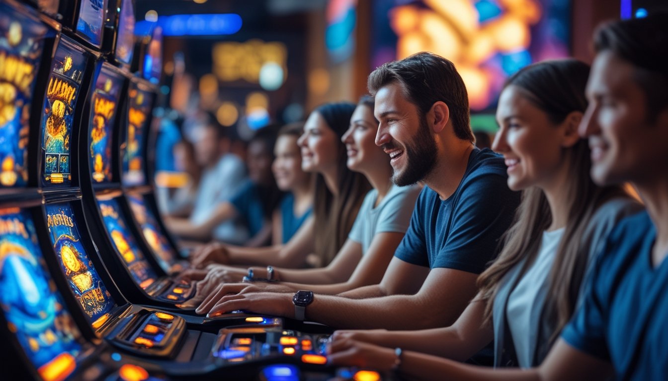 Beberapa orang bermain mesin slot bertema petualangan di ruang permainan modern dengan ekspresi fokus dan senang.