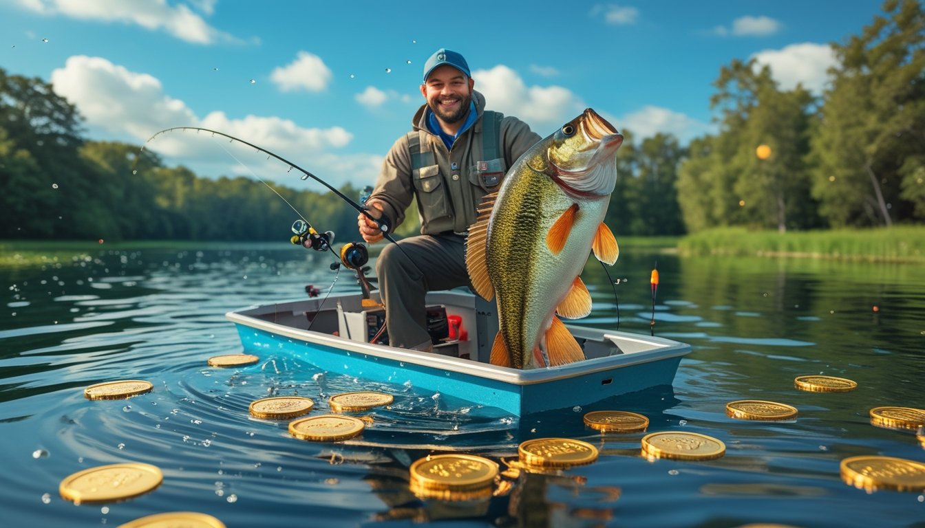 Seorang pemancing yang senang di perahu kecil di danau yang tenang memegang ikan bass besar dengan latar belakang pepohonan hijau dan langit biru.