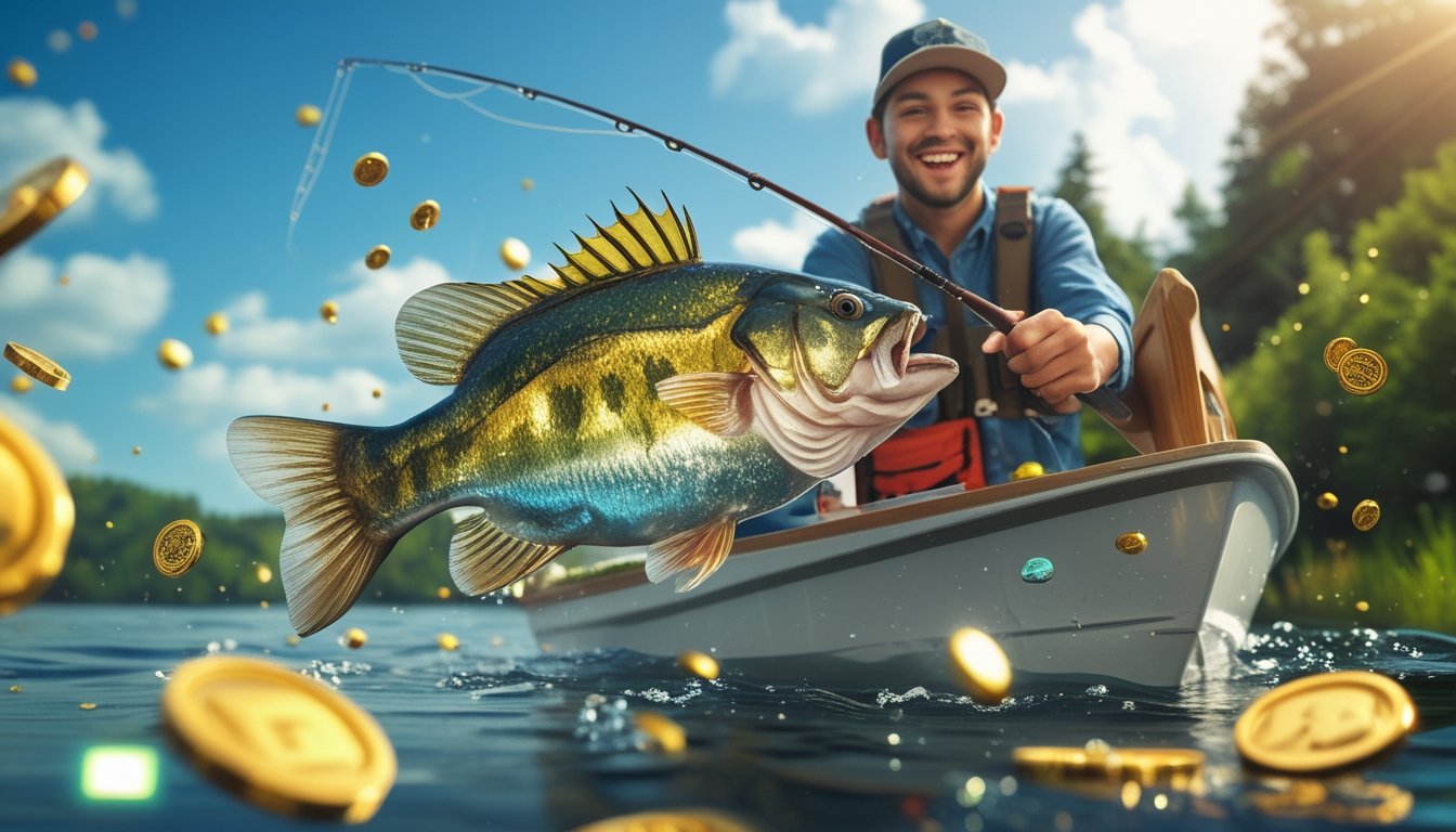 Seorang pemancing bahagia di perahu memegang ikan bass besar dengan latar danau dan koin emas mengambang di sekitar.