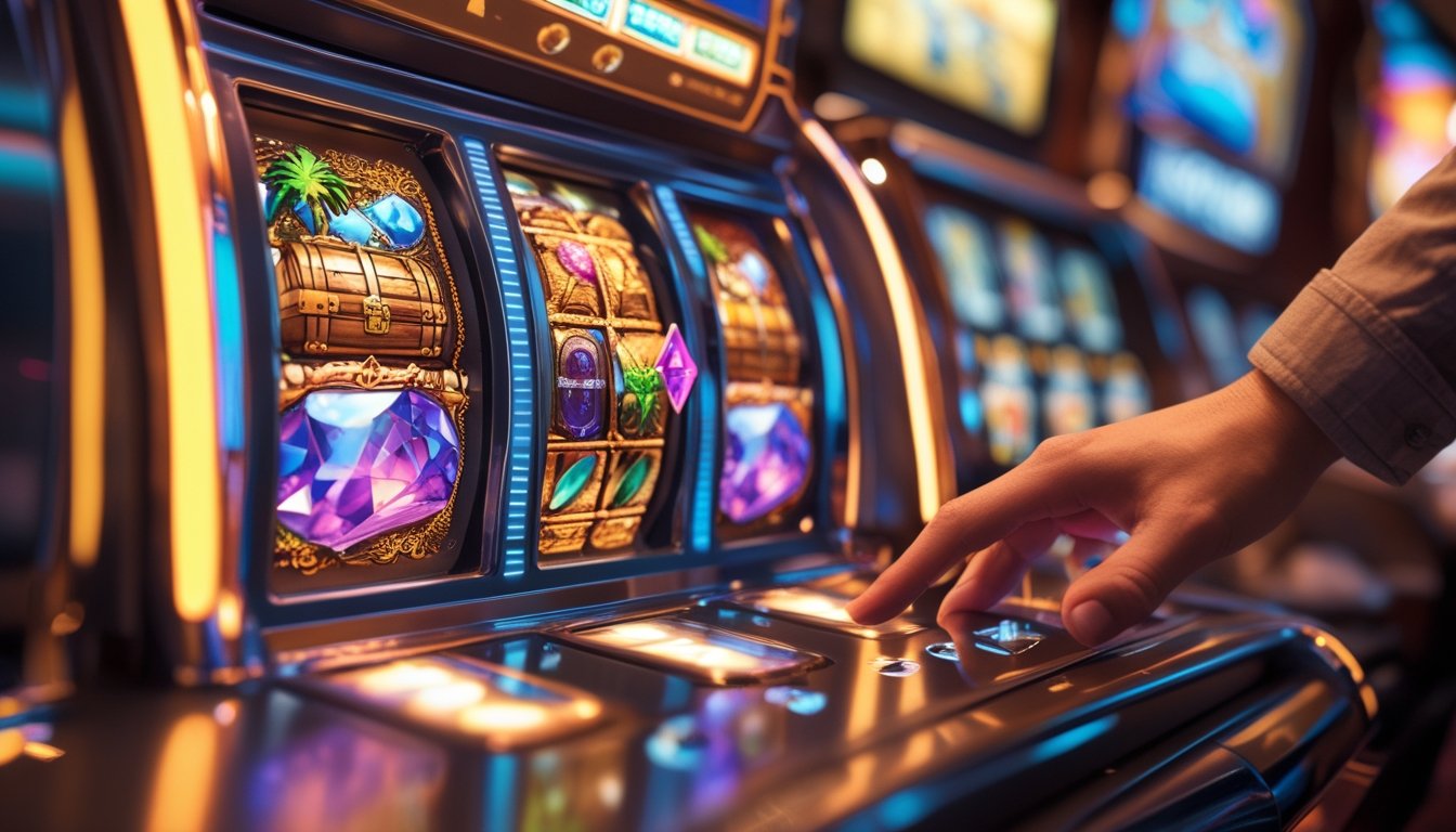 Mesin slot modern dengan gulungan berwarna cerah dan simbol petualangan, di dalam ruangan kasino yang hangat dan ramai.