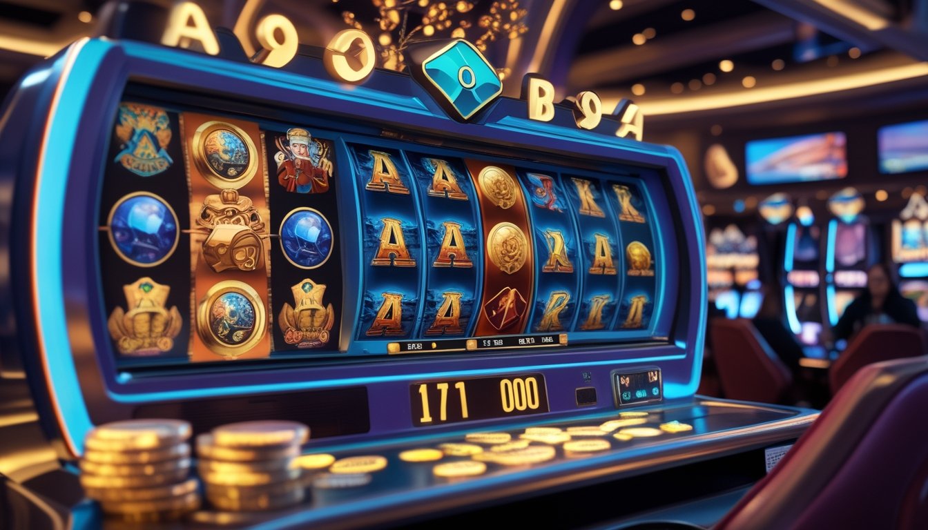 Mesin slot bertema petualangan modern dengan simbol peti harta karun dan peta, dikelilingi oleh koin yang bersinar dan pemain yang menikmati permainan di latar belakang.