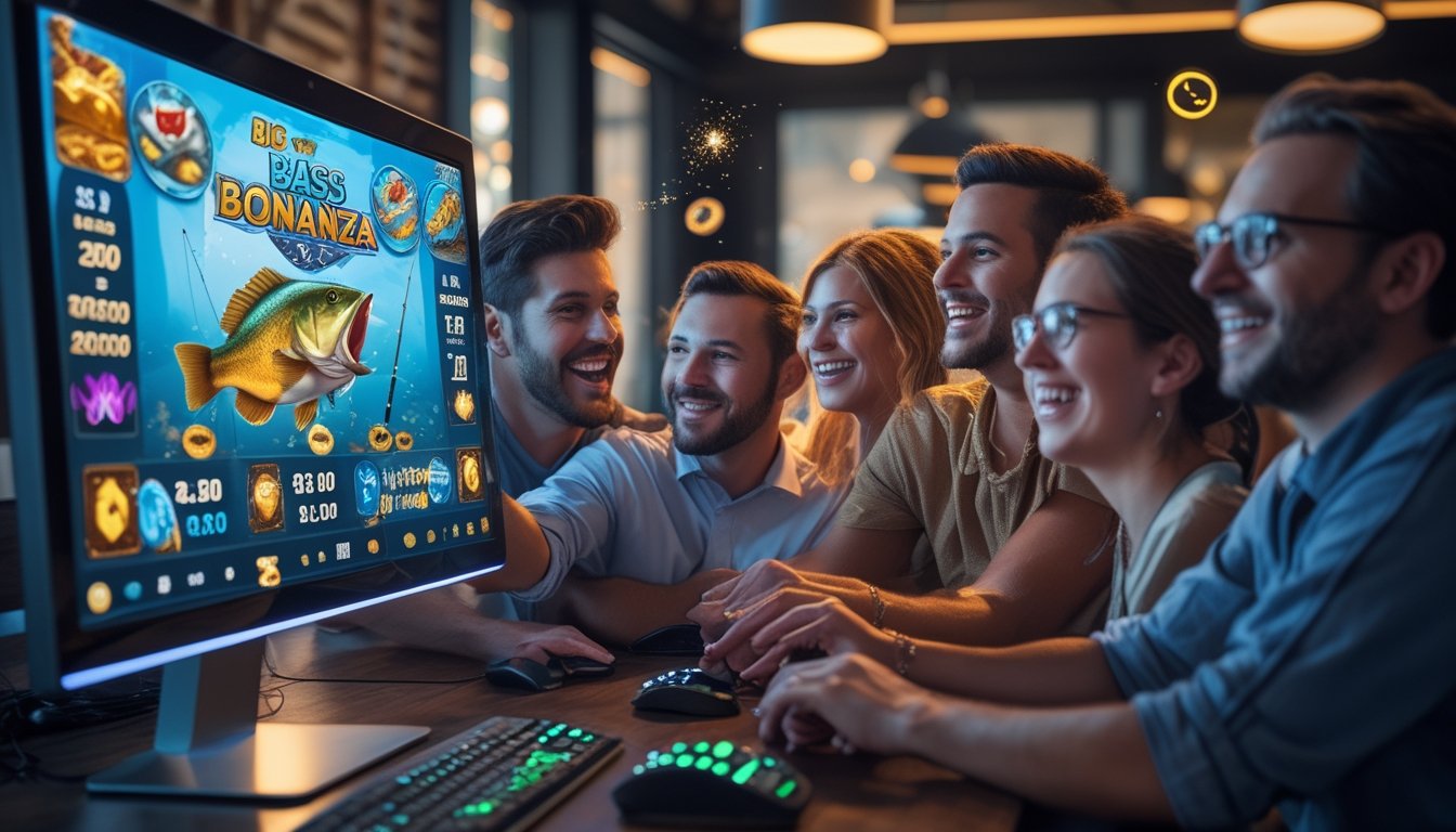Sekelompok orang bermain permainan slot online Big Bass Bonanza dengan layar komputer dan ponsel yang menampilkan simbol ikan bass dan alat pancing.