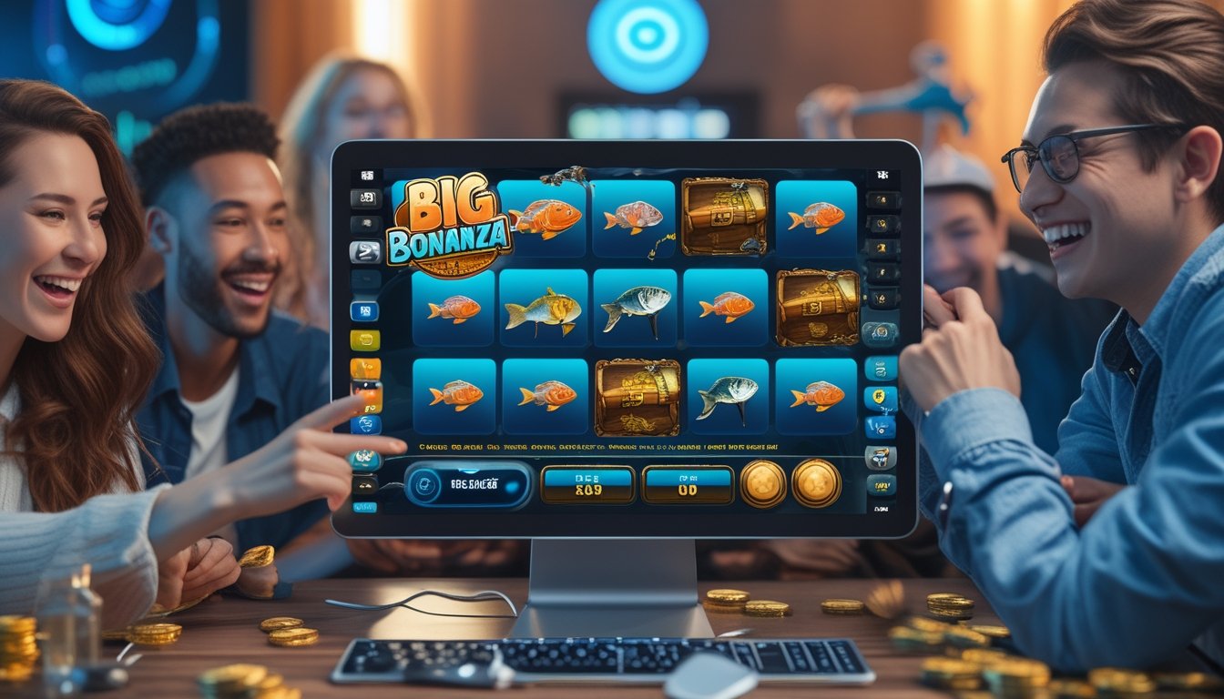 Orang-orang bermain permainan slot online dengan tema memancing di perangkat digital di dalam ruangan yang nyaman.