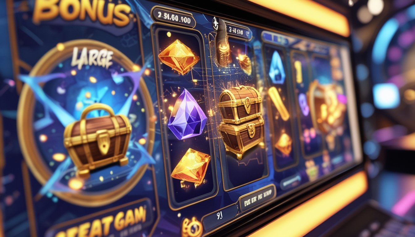 Layar mesin slot bertema petualangan dengan grafis warna-warni dan ikon bonus besar yang menarik perhatian.