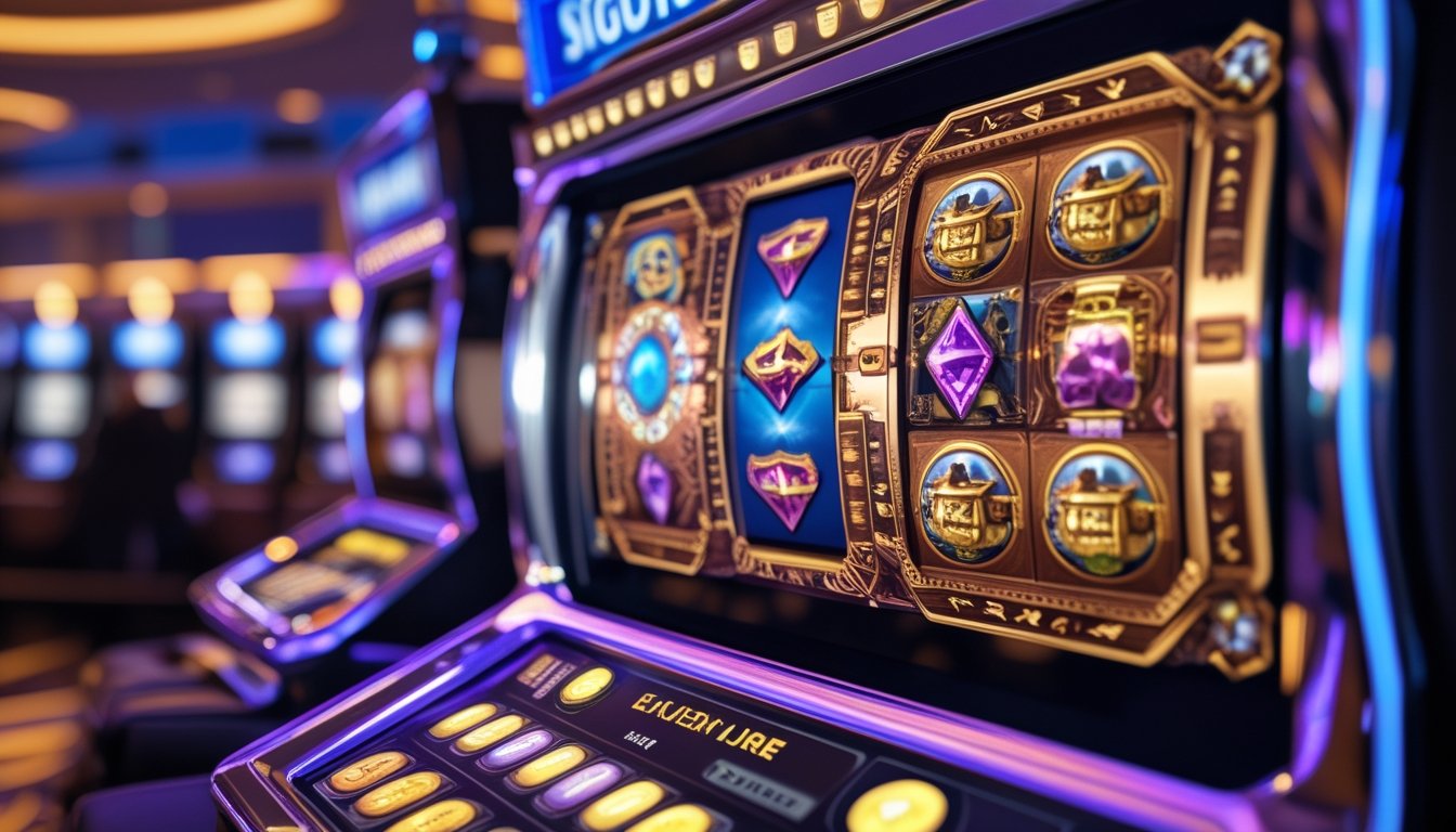 Mesin slot bertema petualangan dengan grafis warna-warni dan simbol harta karun di dalam kasino yang ramai.