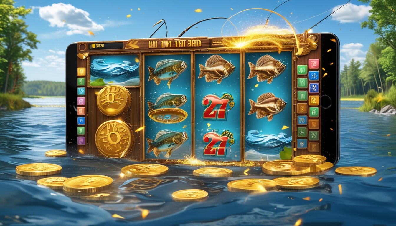 Layar mesin slot digital dengan tema memancing, menampilkan ikan bass besar, peralatan memancing, koin emas, dan latar belakang danau yang tenang dengan pepohonan hijau.