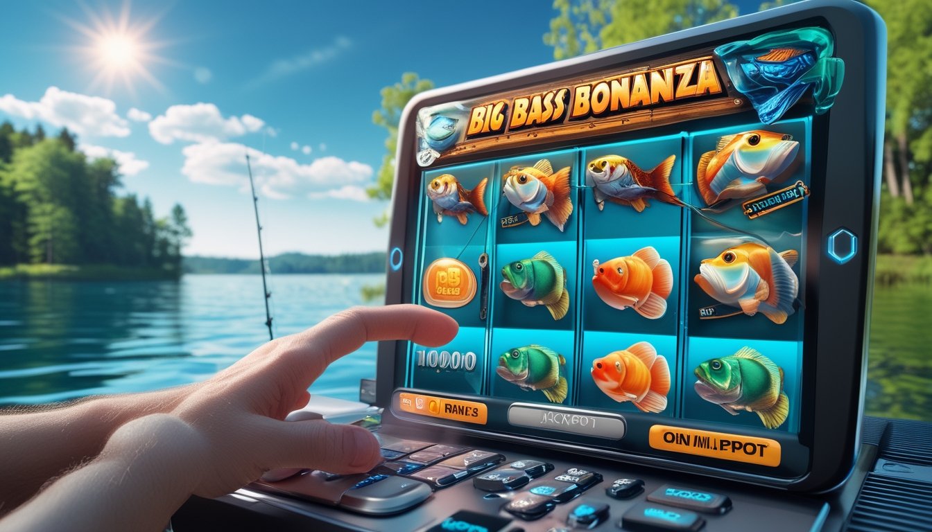 Antarmuka permainan slot online bertema memancing dengan gambar ikan bass besar dan latar belakang danau yang tenang.