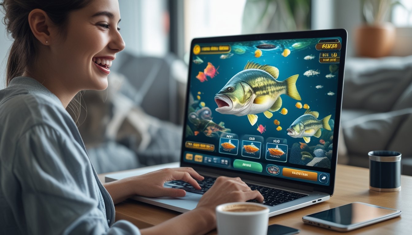 Seorang dewasa muda sedang bermain permainan slot online di laptop di ruang tamu yang nyaman.