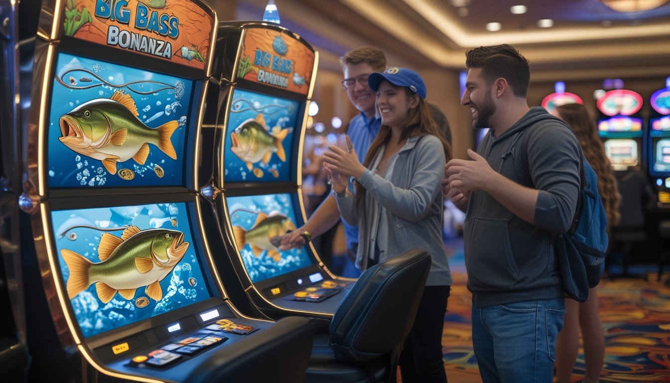 Seorang pemain pemula sedang bermain mesin slot bertema memancing dengan gambar ikan bass besar di kasino yang ramai.