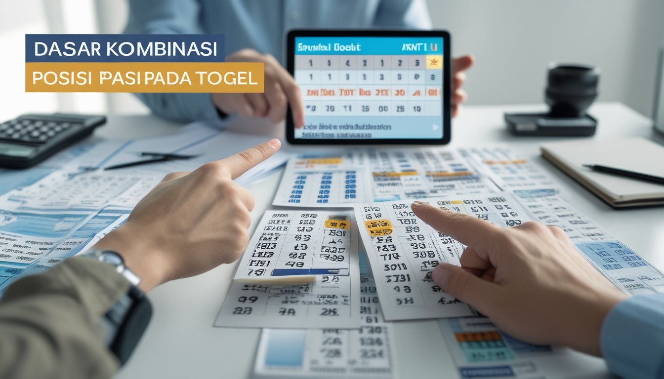 Seseorang sedang menganalisis tiket togel dan data statistik di meja kerja dengan alat tulis dan perangkat digital.