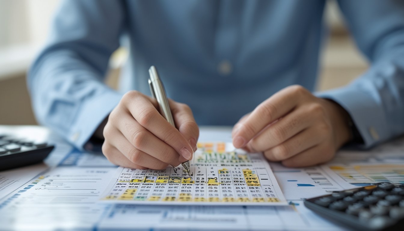Tangan seseorang sedang menandai angka pada tiket togel di atas meja dengan kalkulator dan grafik di sekitarnya.