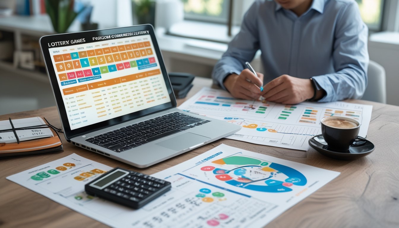Seseorang sedang menganalisis data angka togel di meja kerja dengan laptop, kertas, dan alat tulis.