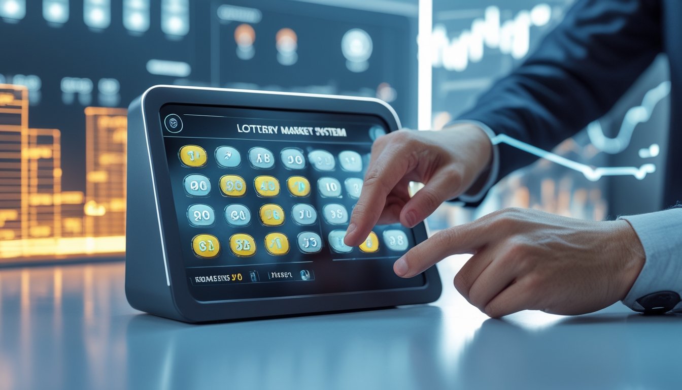 Tangan seseorang sedang memilih angka pada layar sentuh digital dengan latar belakang grafik dan elemen teknologi modern.