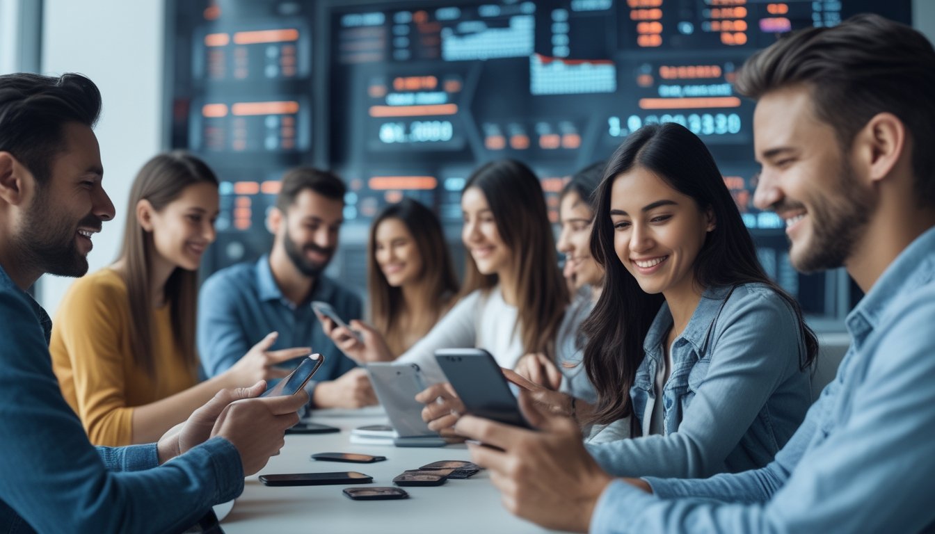 Sekelompok orang menggunakan perangkat digital untuk bermain togel cepat dengan sistem pasaran modern di lingkungan yang terang dan futuristik.